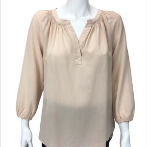 Max Studio Beige Silk V-Neck Gathered High-Low Hem 3/4 Sleeve Blouse Size XL